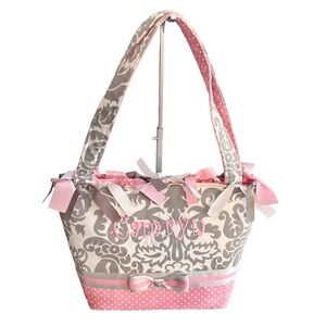 Personalized Gray & Pink Fabric Handcrafted Embroidered “Camryn” Tote/Diaper Bag